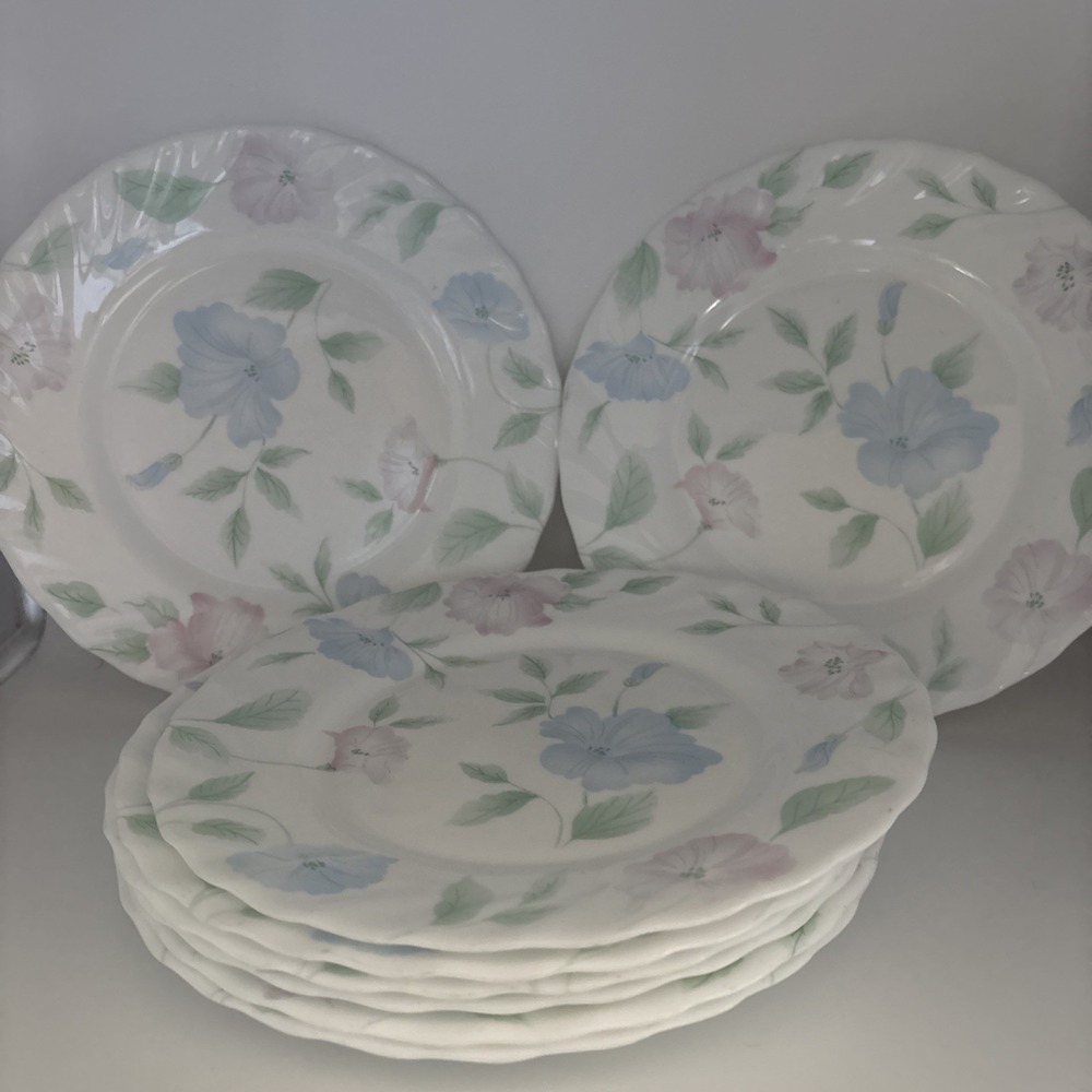 Set of 8 Arcopal France 'Chloe' Salad Plates 7.75" White w/Blue & Pink Floral